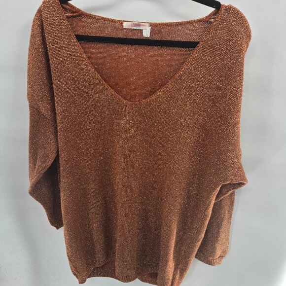 I. Magnin Rust Orange Gold Metallic Vintage 90s V-Neck Vintage Sweater 2x - Picture 1 of 6
